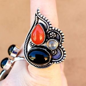 New Coral, Black Onyx & Rose Quartz 925 Silver Ring.
